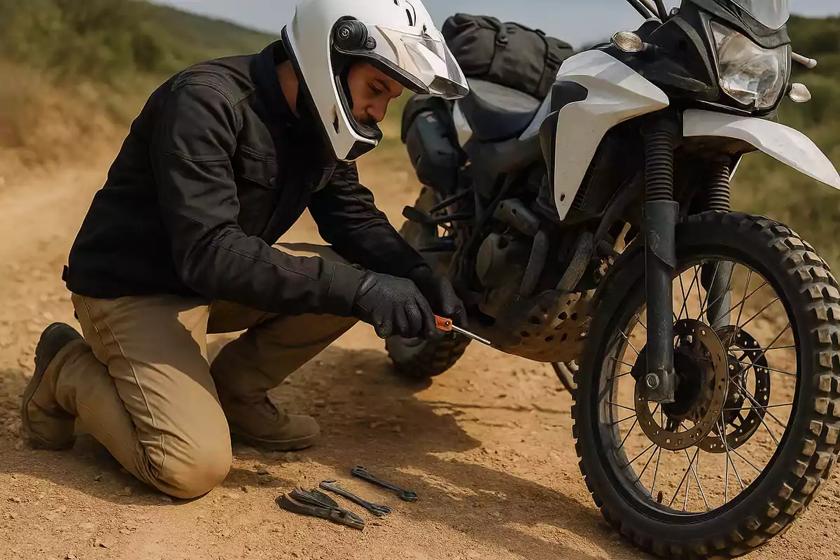 Person wearing a helmet and gloves fixing a motorcycle on a dirt road using tools Person wearing a helmet and gloves fixing a motorcycle on a dirt road using tools