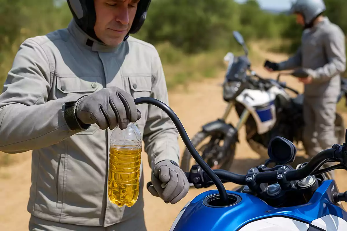 Person wearing a helmet and gloves transfers fuel from a plastic bottle to a motorcycle’s tank on a dirt road while another person watches in the background. Person wearing a helmet and gloves transfers fuel from a plastic bottle to a motorcycle’s tank on a dirt road while another person watches in the background.