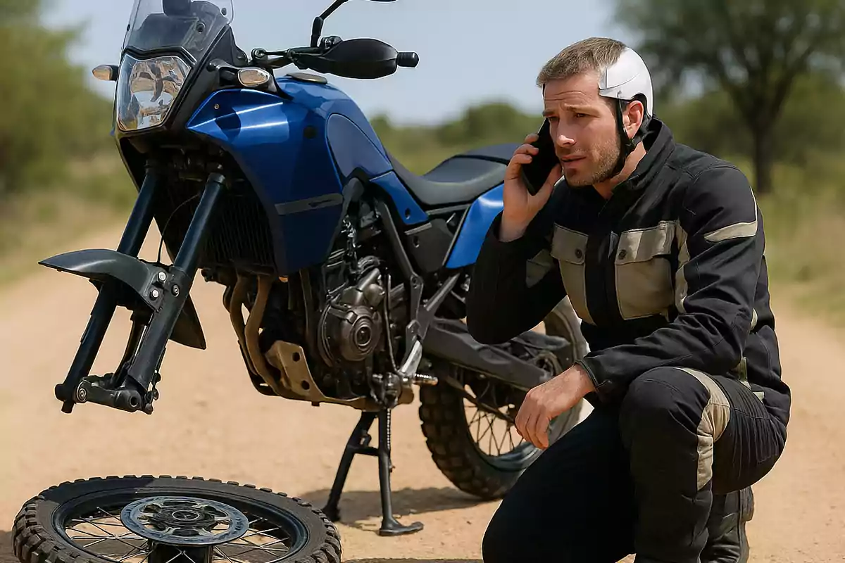 Man wearing a helmet and motorcycle gear talking on the phone next to a blue motorcycle with the front wheel removed on a dirt road Man wearing a helmet and motorcycle gear talking on the phone next to a blue motorcycle with the front wheel removed on a dirt road