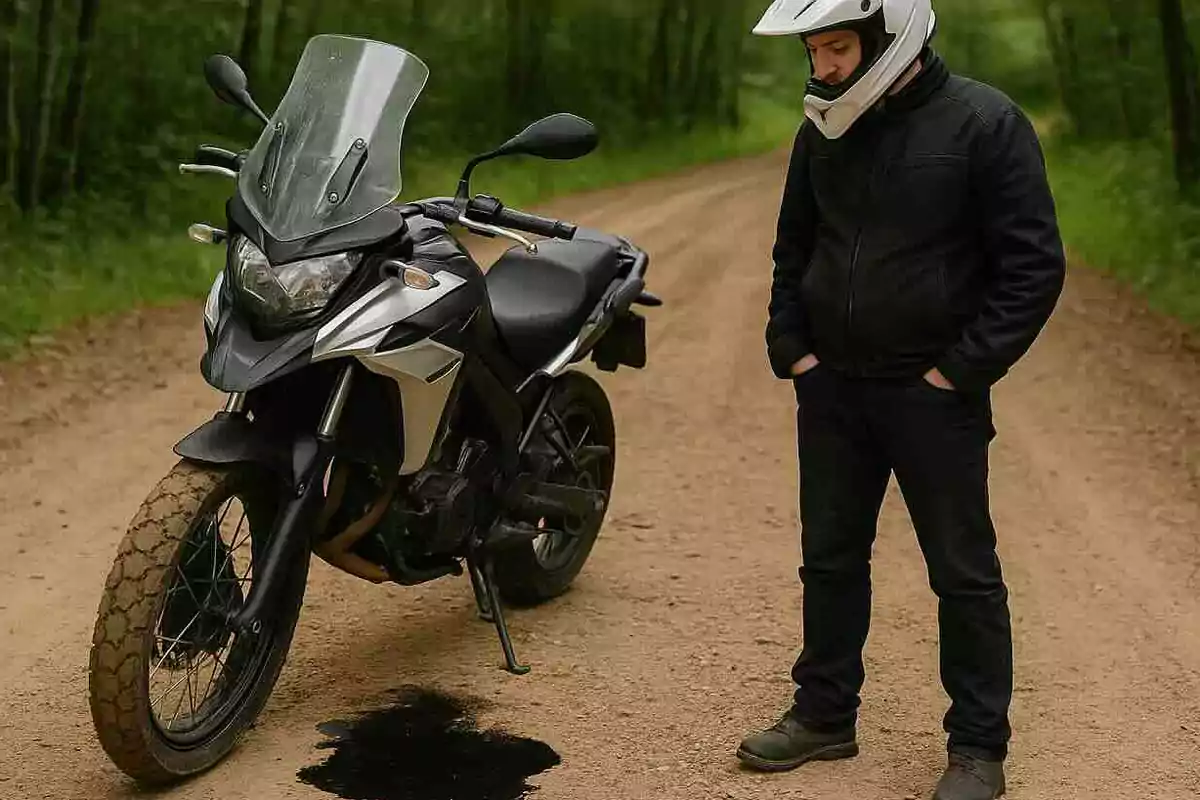 Hombre con casco observa una motocicleta detenida en un camino de tierra con un charco de aceite debajo