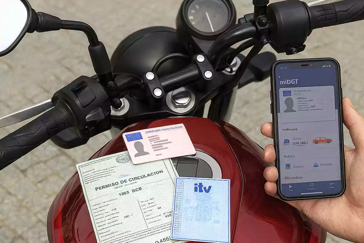 Una persona sosté un telèfon mòbil amb l’aplicació miDGT oberta al costat d’una motocicleta sobre la qual hi ha documents de circulació, carnet de conduir i ITV.