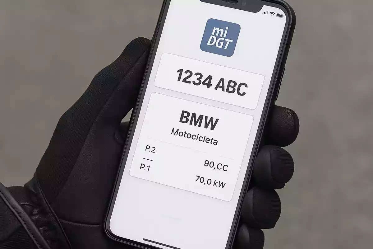 Person wearing gloves holds a mobile phone displaying the miDGT app with information about a BMW motorcycle. Person wearing gloves holds a mobile phone displaying the miDGT app with information about a BMW motorcycle.