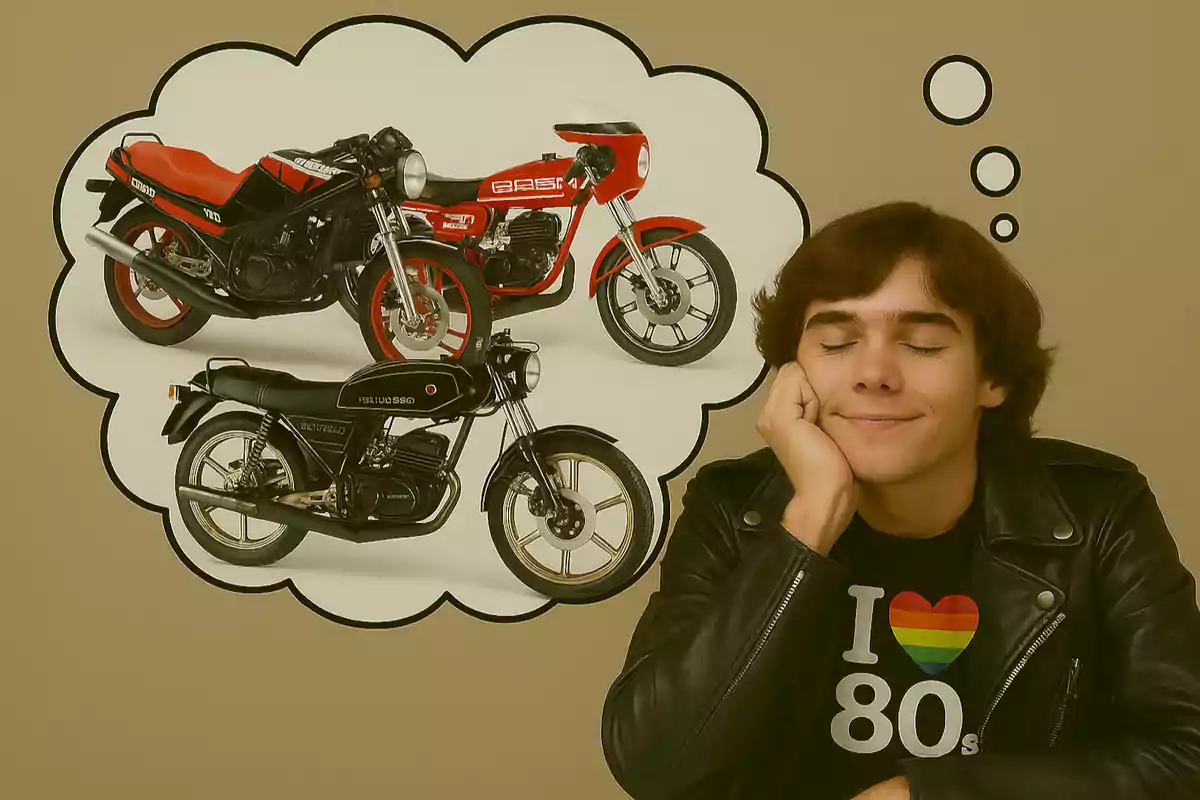 Joven con chaqueta de cuero y camiseta de los años 80 soñando con motocicletas clásicas