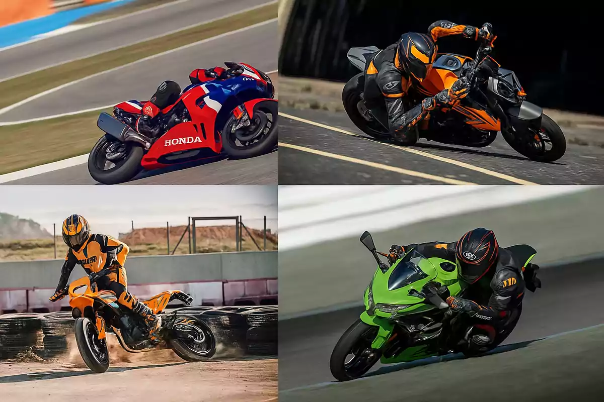 Cuatro motociclistas con equipo de protección manejando motos deportivas de diferentes colores en distintas pistas de carreras Cuatro motociclistas con equipo de protección manejando motos deportivas de diferentes colores en distintas pistas de carreras