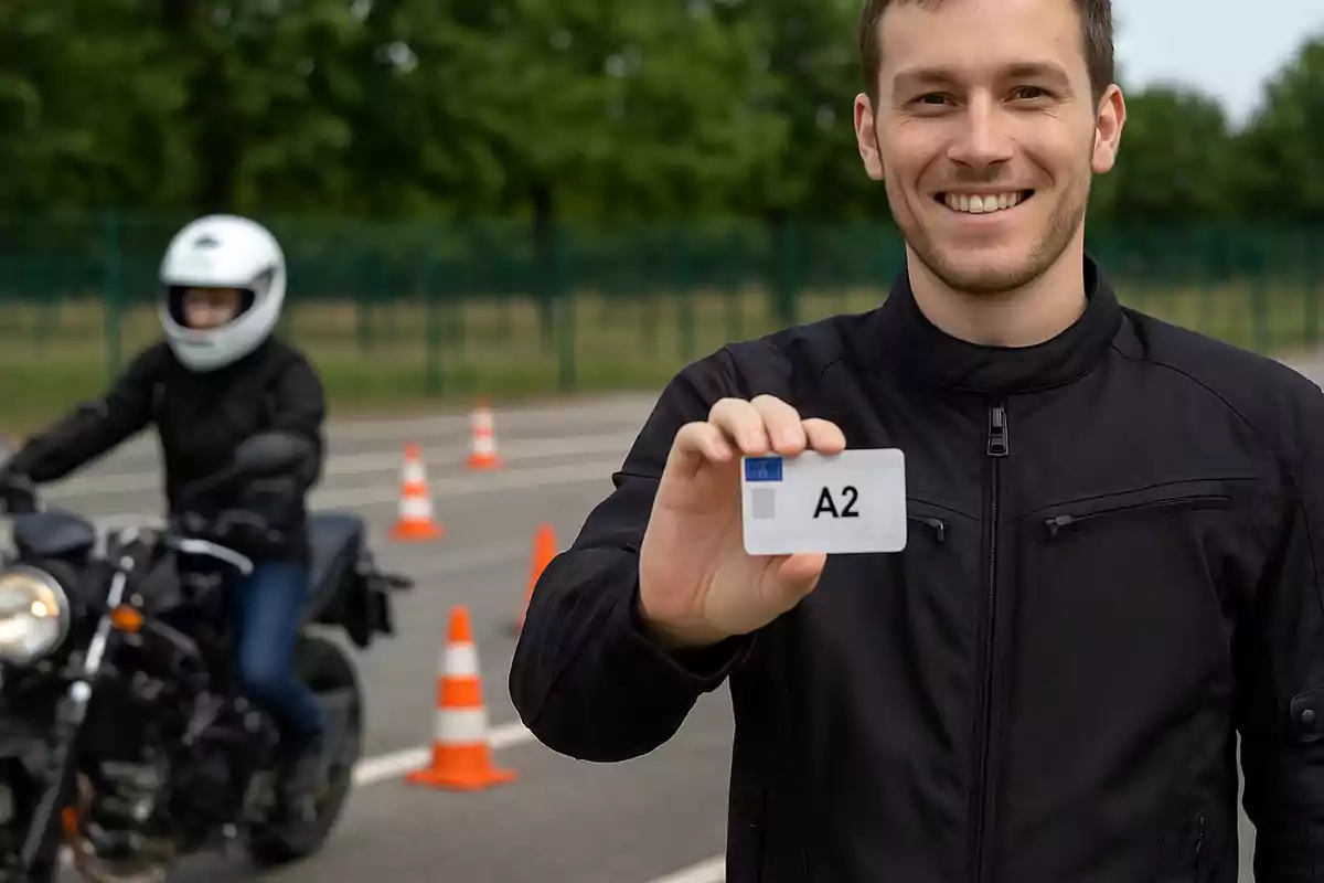 Hombre sonriente con chaqueta negra mostrando una tarjeta de licencia A2 mientras al fondo una persona con casco conduce una motocicleta entre conos naranjas