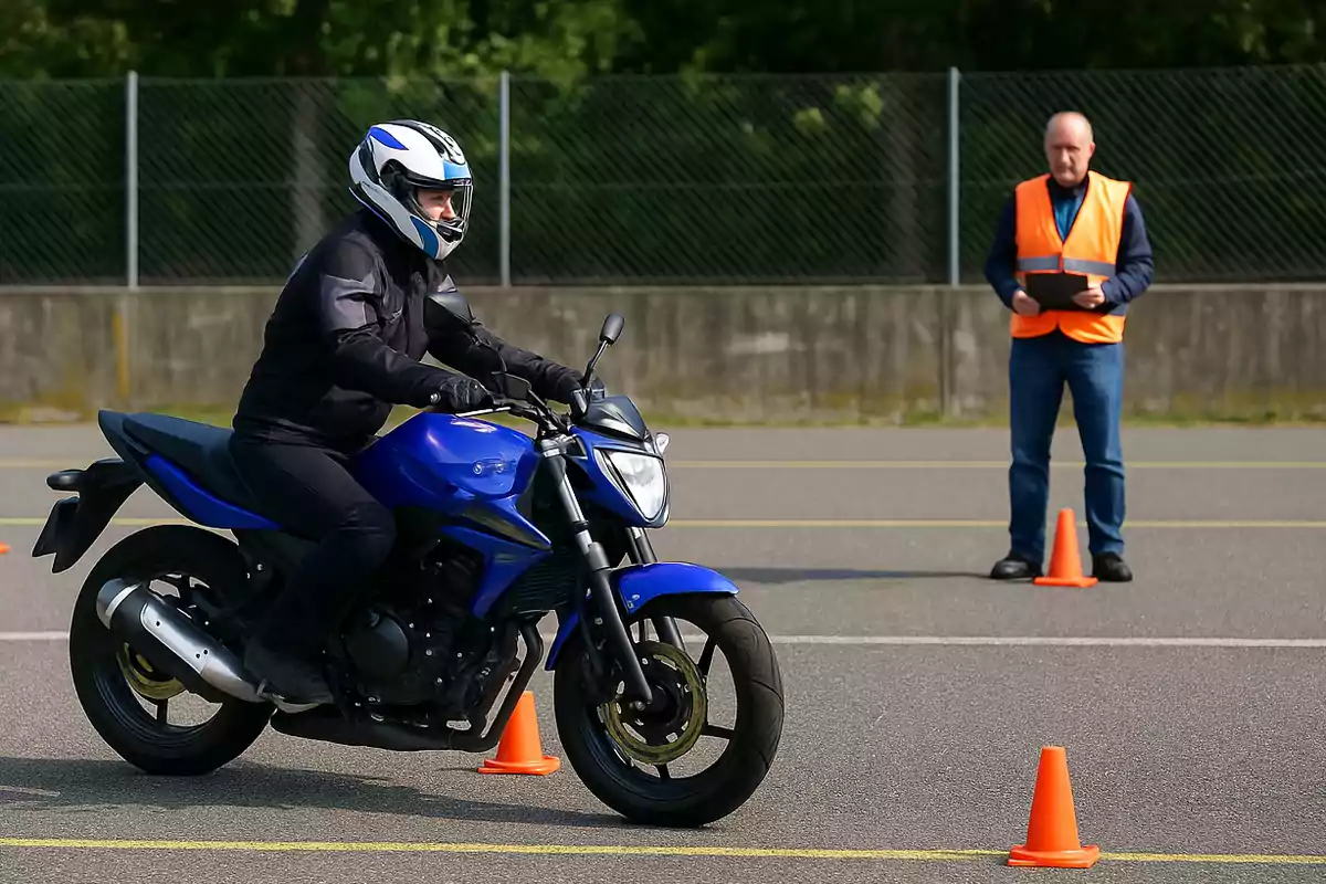 Persona conduciendo una motocicleta azul entre conos naranjas mientras un instructor con chaleco reflectante observa y toma notas en un área de entrenamiento al aire libre Persona conduciendo una motocicleta azul entre conos naranjas mientras un instructor con chaleco reflectante observa y toma notas en un área de entrenamiento al aire libre