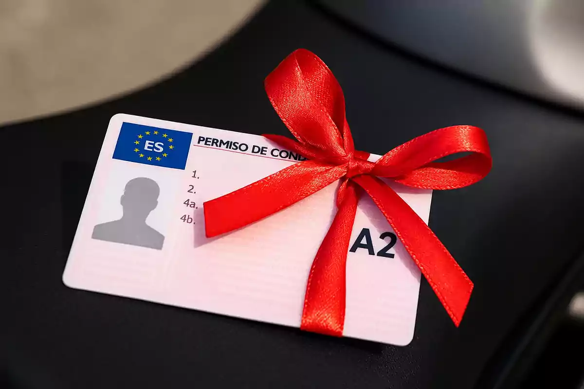 Permiso de conducir español con un lazo rojo decorativo sobre una superficie oscura Permiso de conducir español con un lazo rojo decorativo sobre una superficie oscura