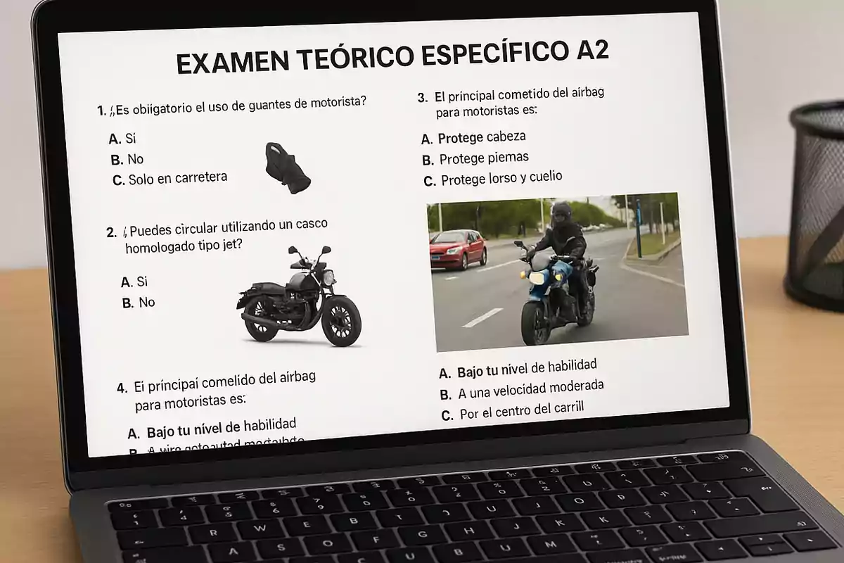 Una laptop sobre un escritorio muestra en pantalla un examen teórico para motociclistas con preguntas de opción múltiple e imágenes relacionadas con motocicletas y equipo de protección. Una laptop sobre un escritorio muestra en pantalla un examen teórico para motociclistas con preguntas de opción múltiple e imágenes relacionadas con motocicletas y equipo de protección.
