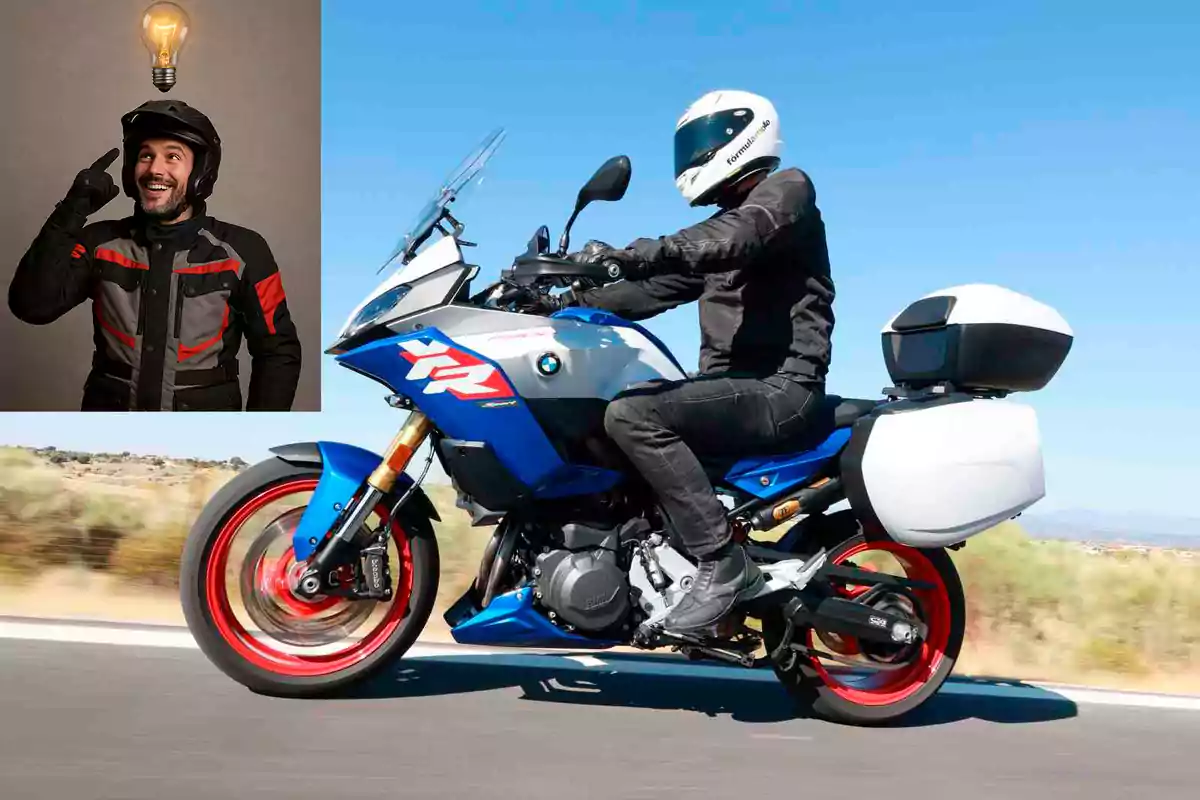 A motorcyclist rides a blue sport bike with white saddlebags while, in the upper left corner, a man wearing a helmet and motorcycle jacket appears, smiling and pointing to his head with a lit lightbulb above him.