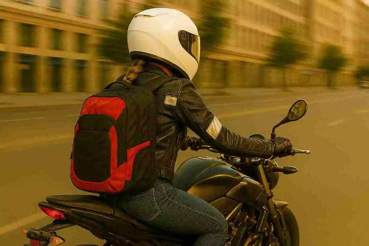 Person with a white helmet and a red backpack riding a motorcycle through the city Person with a white helmet and a red backpack riding a motorcycle through the city