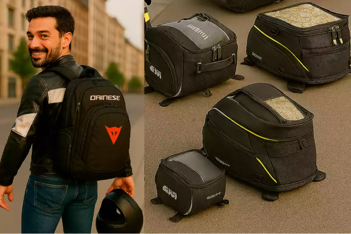 A smiling man in a motorcycle jacket carries a black Dainese backpack while holding a helmet, next to several black motorcycle bags and backpacks placed on the ground.