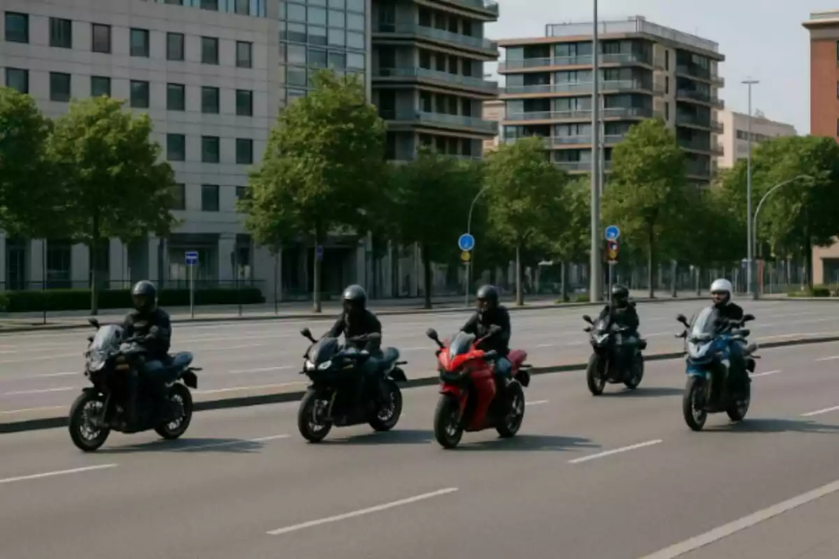 Cinco motociclistas con cascos circulan por una avenida amplia en una ciudad moderna con edificios altos y árboles alineados en la acera.