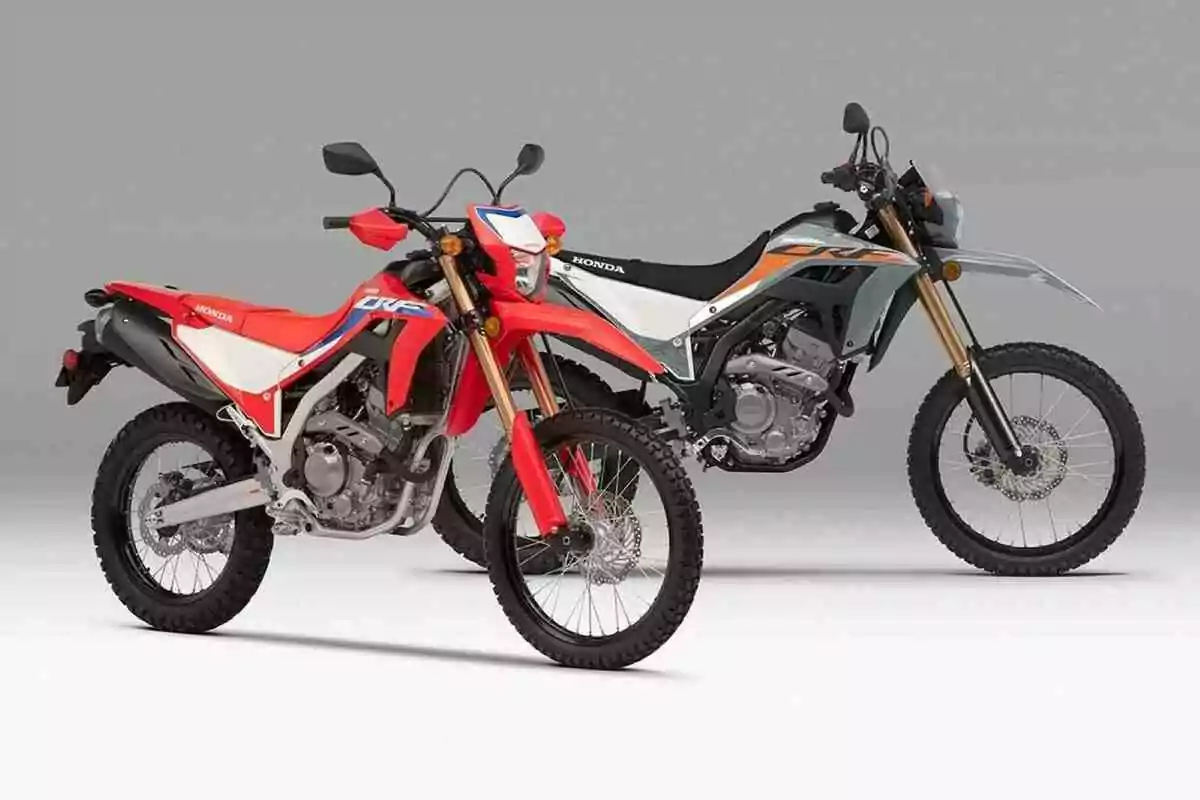 Dos motocicletas tipo doble propósito Honda en colores rojo y gris sobre un fondo gris claro Dos motocicletas tipo doble propósito Honda en colores rojo y gris sobre un fondo gris claro