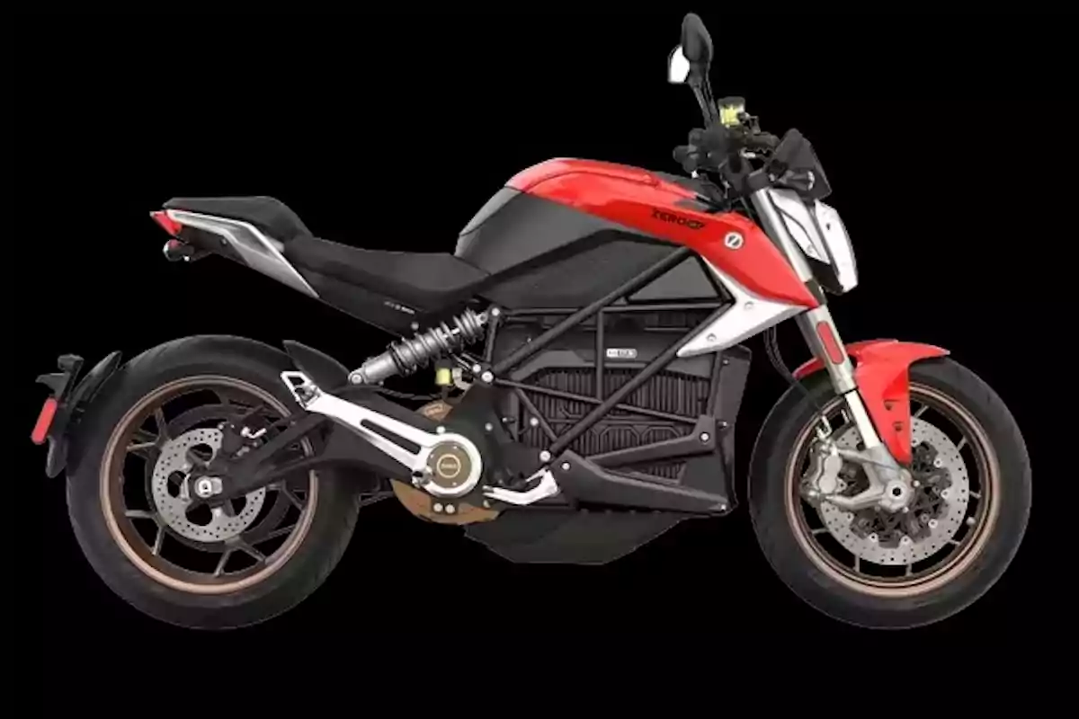 Red and black electric sport motorcycle on a black background