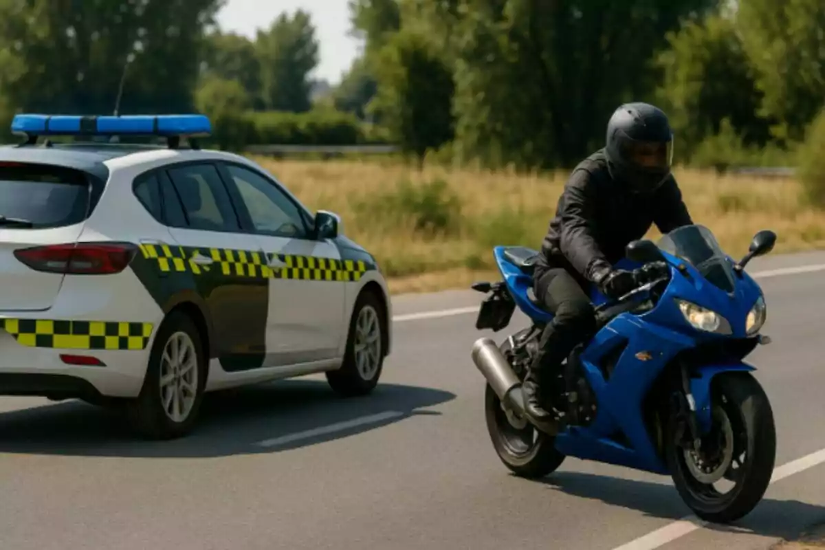 Un motociclista con casco negro conduce una moto azul junto a un coche patrulla en una carretera rodeada de vegetación.