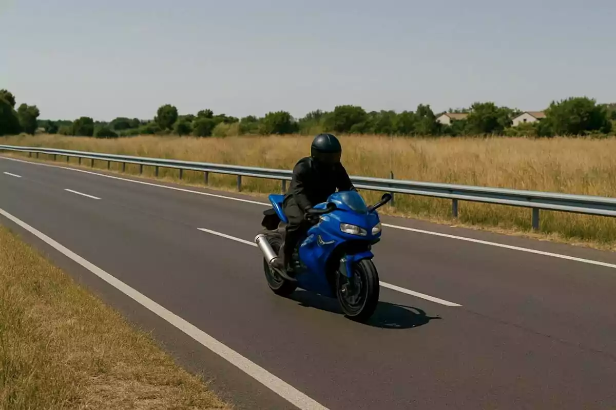Persona conduciendo una motocicleta azul en una carretera despejada rodeada de vegetación y cielo despejado. Persona conduciendo una motocicleta azul en una carretera despejada rodeada de vegetación y cielo despejado.