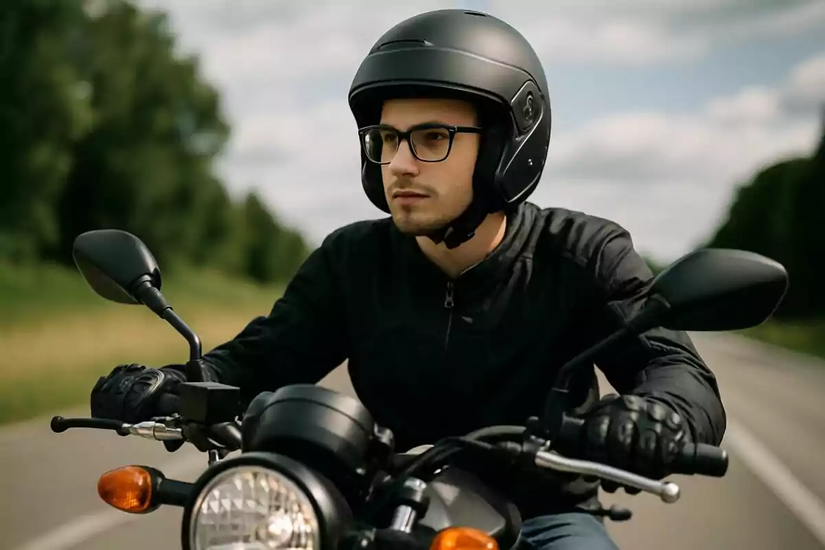 Hombre joven con casco y gafas conduciendo una motocicleta en una carretera rodeada de vegetación. Hombre joven con casco y gafas conduciendo una motocicleta en una carretera rodeada de vegetación.