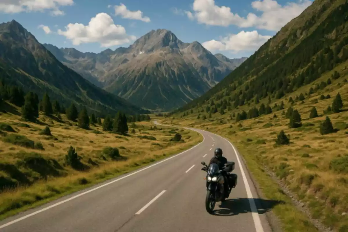 Persona conduciendo una motocicleta por una carretera rodeada de montañas y vegetación bajo un cielo azul con nubes.
