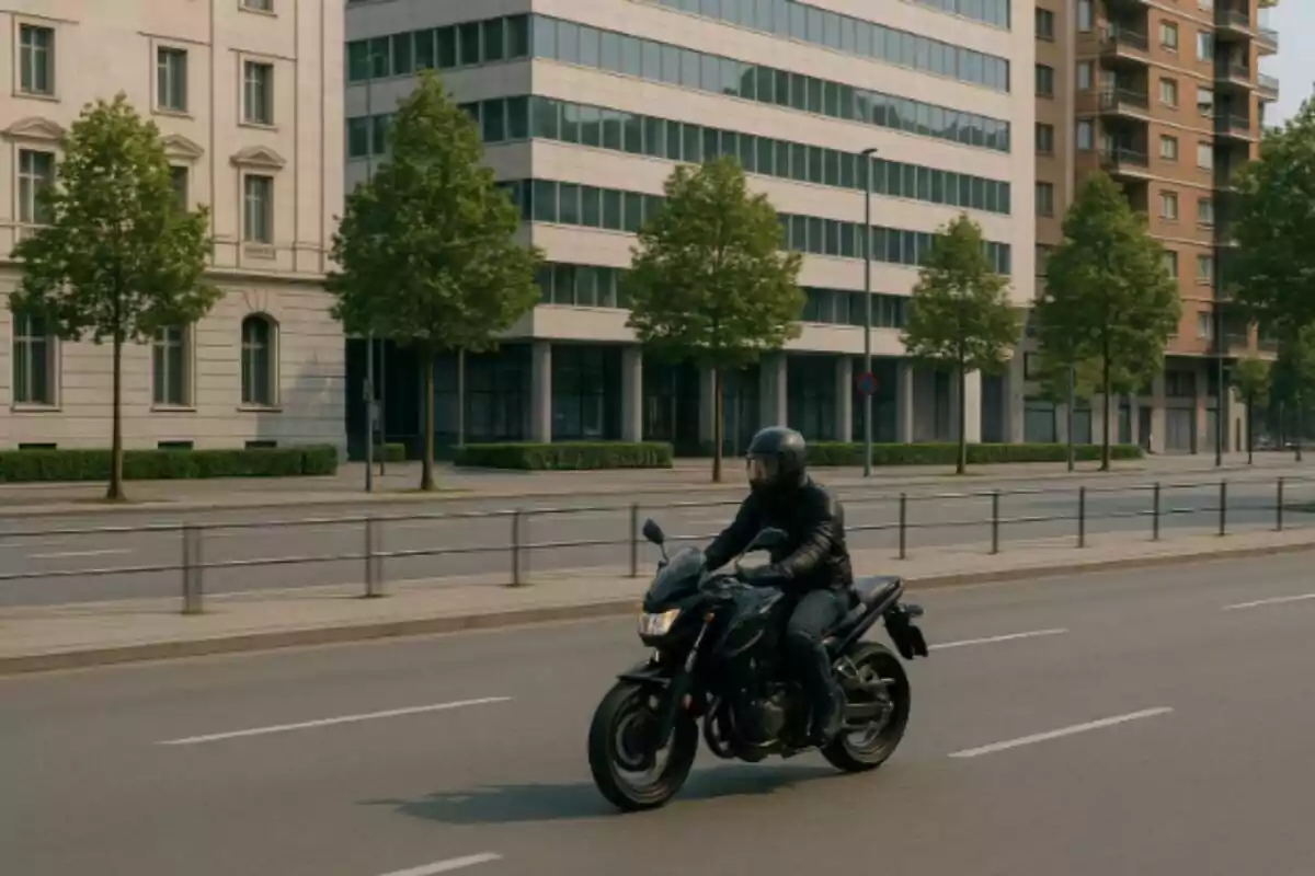 Persona conduciendo una motocicleta negra por una avenida urbana con edificios modernos y árboles alineados en la acera. Persona conduciendo una motocicleta negra por una avenida urbana con edificios modernos y árboles alineados en la acera.