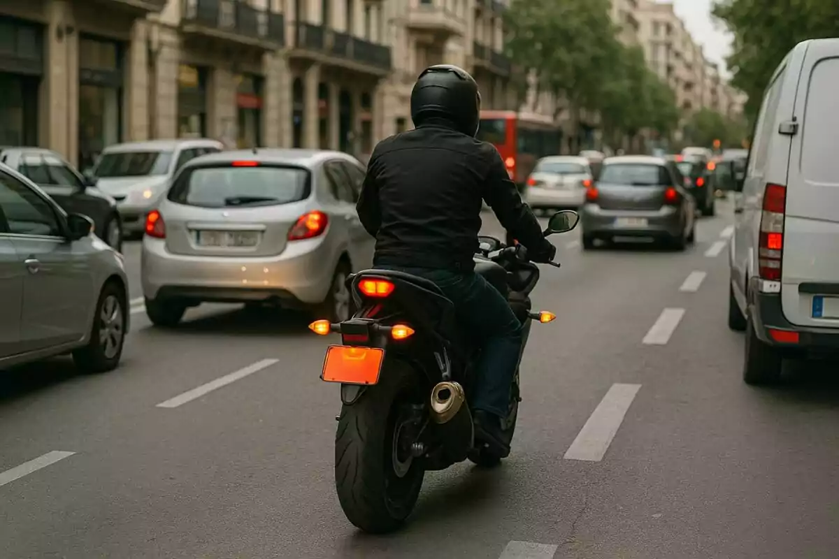 Persona conduciendo una motocicleta negra en medio de un tráfico urbano rodeado de autos y edificios. Persona conduciendo una motocicleta negra en medio de un tráfico urbano rodeado de autos y edificios.