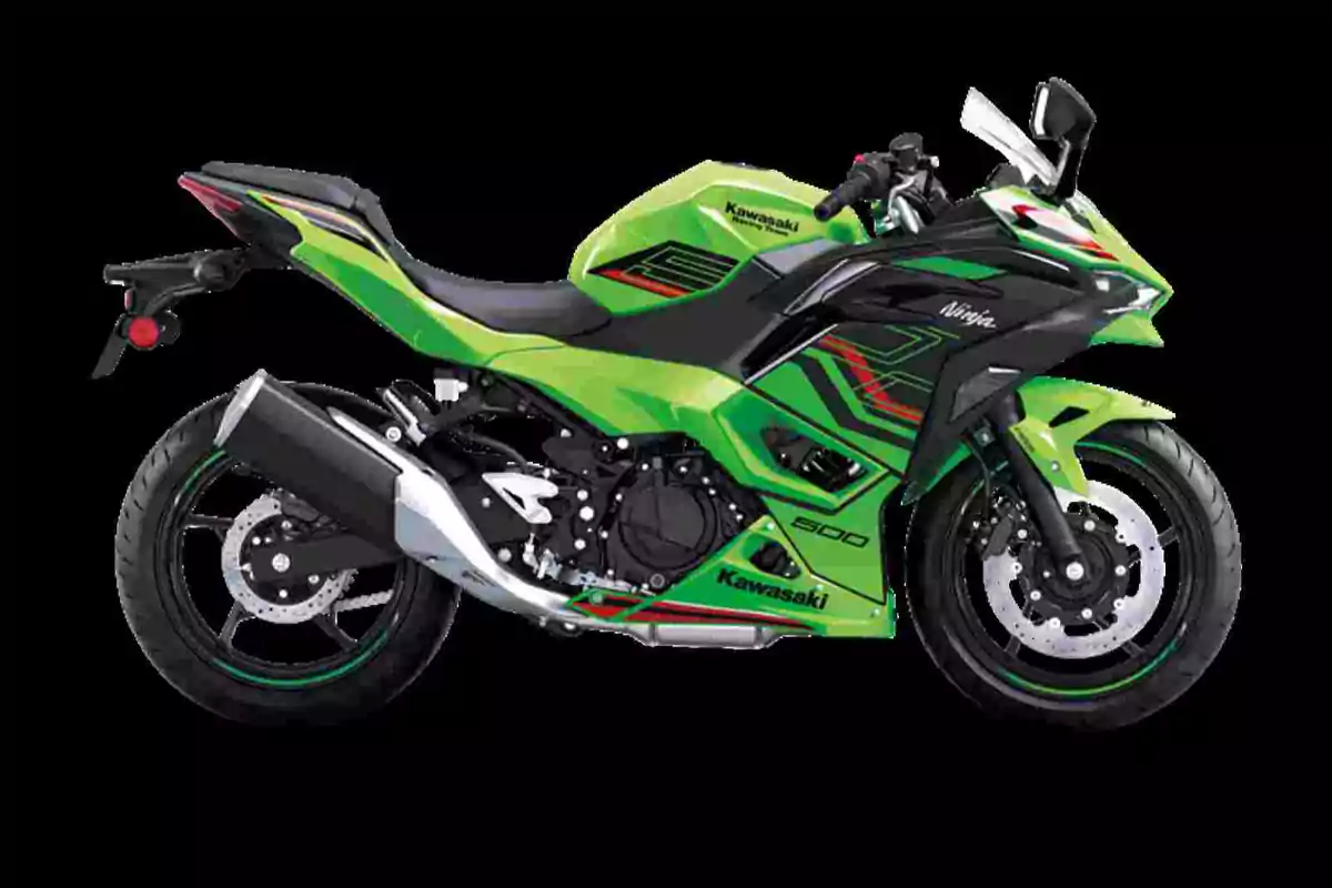 Motocicleta deportiva Kawasaki Ninja 600 en color verde con detalles en negro y rojo sobre fondo negro Motocicleta deportiva Kawasaki Ninja 600 en color verde con detalles en negro y rojo sobre fondo negro