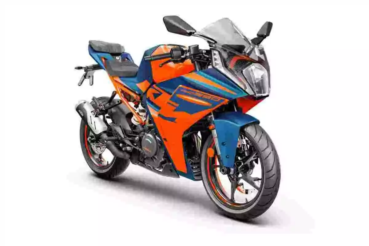 Motocicleta deportiva con carenado en colores naranja y azul sobre fondo blanco Motocicleta deportiva con carenado en colores naranja y azul sobre fondo blanco