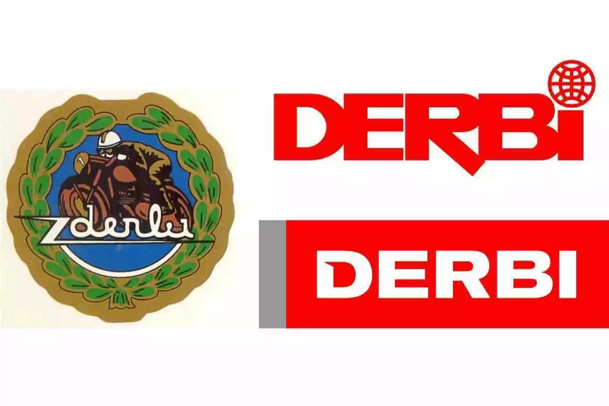 Tres logotipos diferentes de la marca Derbi, uno con un motociclista rodeado de una corona de laurel y dos versiones modernas con el nombre Derbi en letras rojas y blancas Tres logotipos diferentes de la marca Derbi, uno con un motociclista rodeado de una corona de laurel y dos versiones modernas con el nombre Derbi en letras rojas y blancas