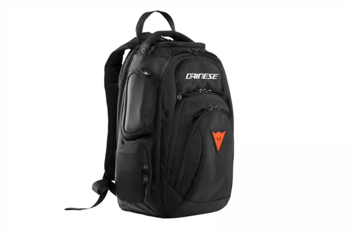 Black Dainese backpack with multiple compartments and orange details Black Dainese backpack with multiple compartments and orange details