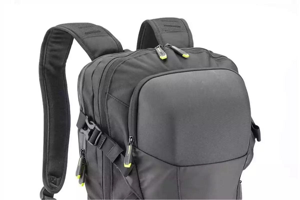 Black backpack with multiple compartments and zippers with yellow details Black backpack with multiple compartments and zippers with yellow details