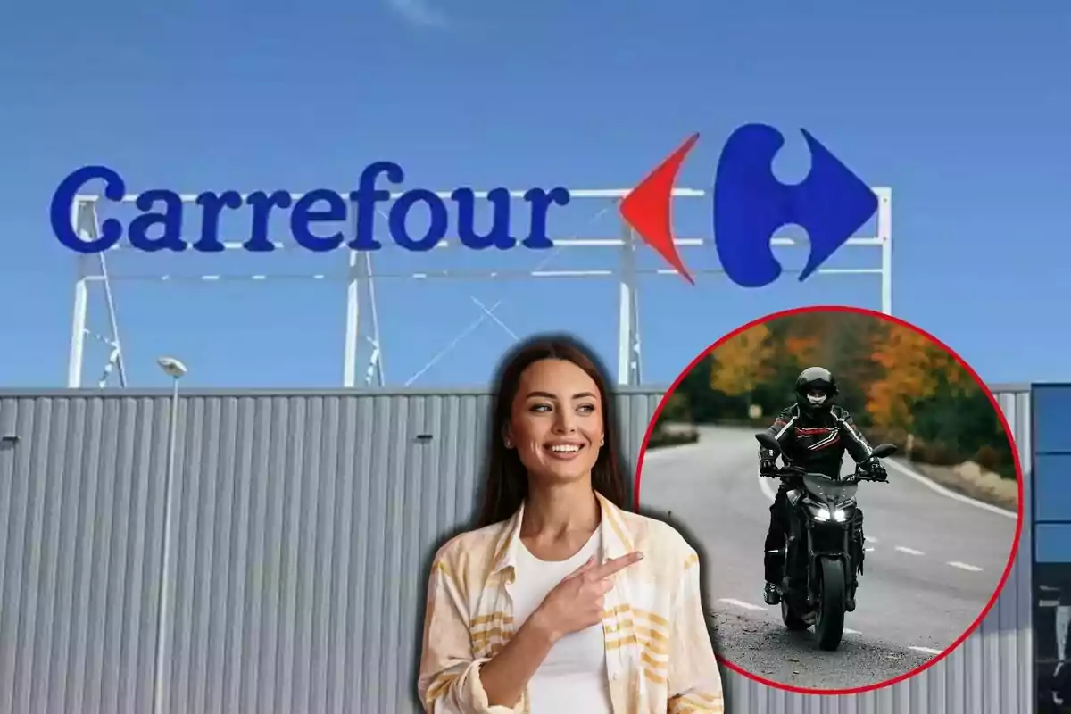 Una mujer sonriente señala hacia un círculo que muestra a una persona conduciendo una motocicleta frente a un edificio de Carrefour