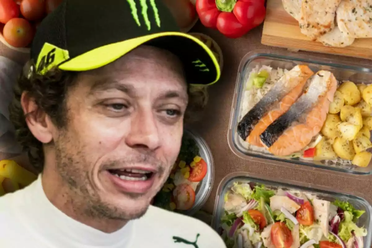Hombre con gorra negra y amarilla al frente de varios recipientes con comida saludable como salmón, papas, ensalada y vegetales