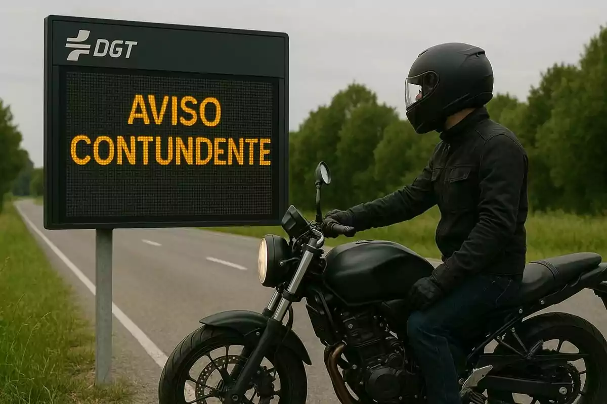Motociclista con casco negro detenido junto a un letrero electrónico de la DGT que muestra el mensaje AVISO CONTUNDENTE en una carretera rodeada de árboles.