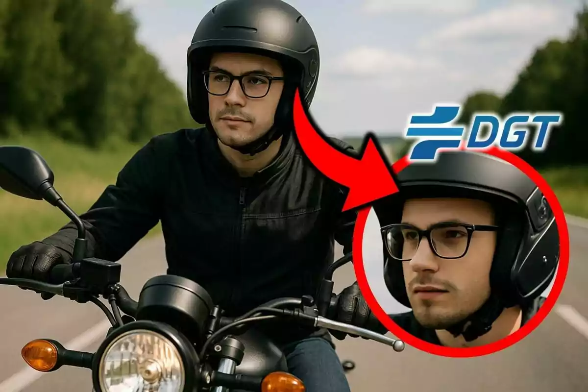 Hombre joven con gafas y casco negro conduciendo una motocicleta en carretera con un círculo rojo y una flecha señalando su rostro y el logo de la DGT en la esquina.