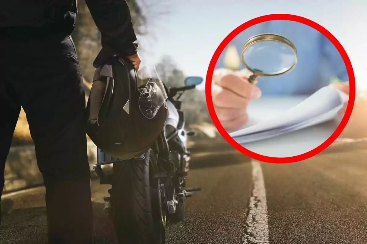 Persona de pie junto a una motocicleta sosteniendo un casco con un círculo rojo que muestra una mano usando una lupa sobre unos papeles. Persona de pie junto a una motocicleta sosteniendo un casco con un círculo rojo que muestra una mano usando una lupa sobre unos papeles.