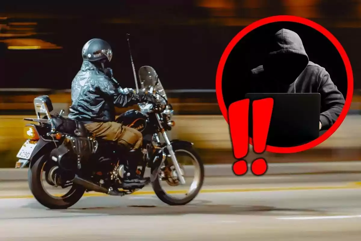Persona conduciendo una motocicleta en movimiento con un recuadro que muestra a una figura encapuchada usando una computadora y signos de exclamación en rojo.