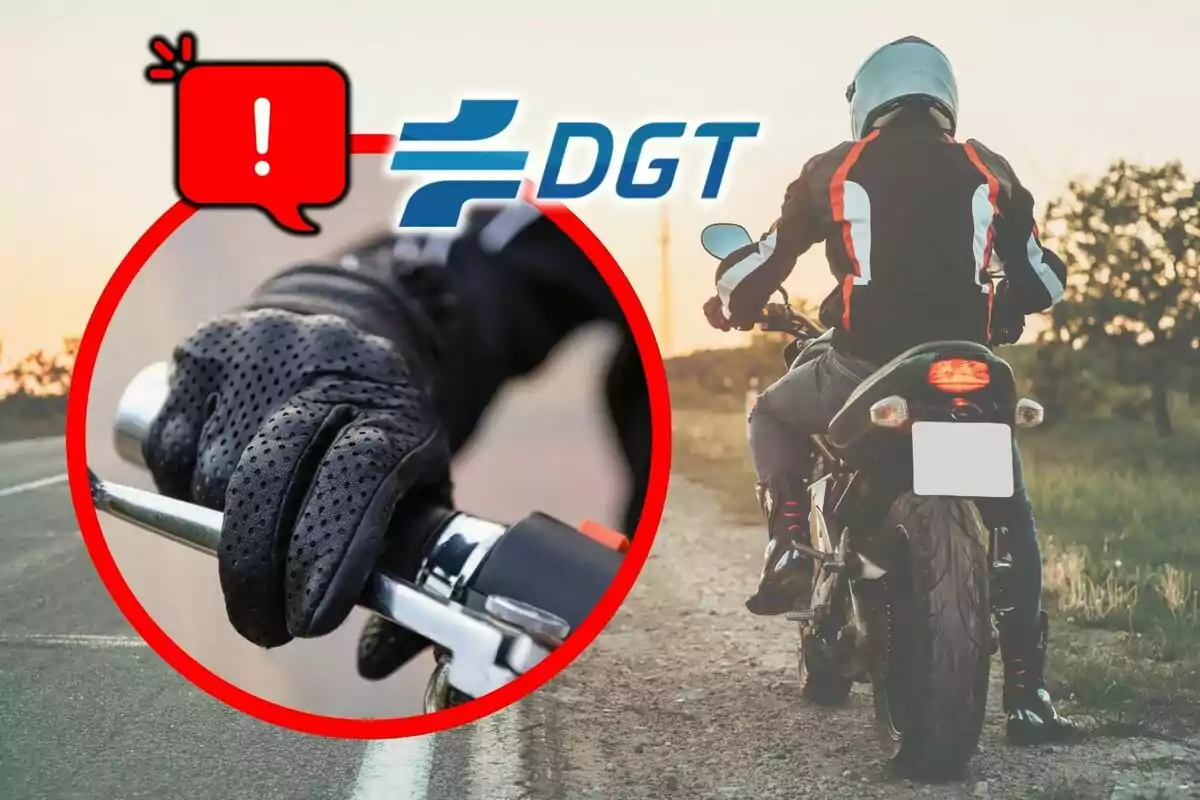 Motociclista con casco y guantes circulando por una carretera junto al logo de la DGT y un aviso de advertencia.