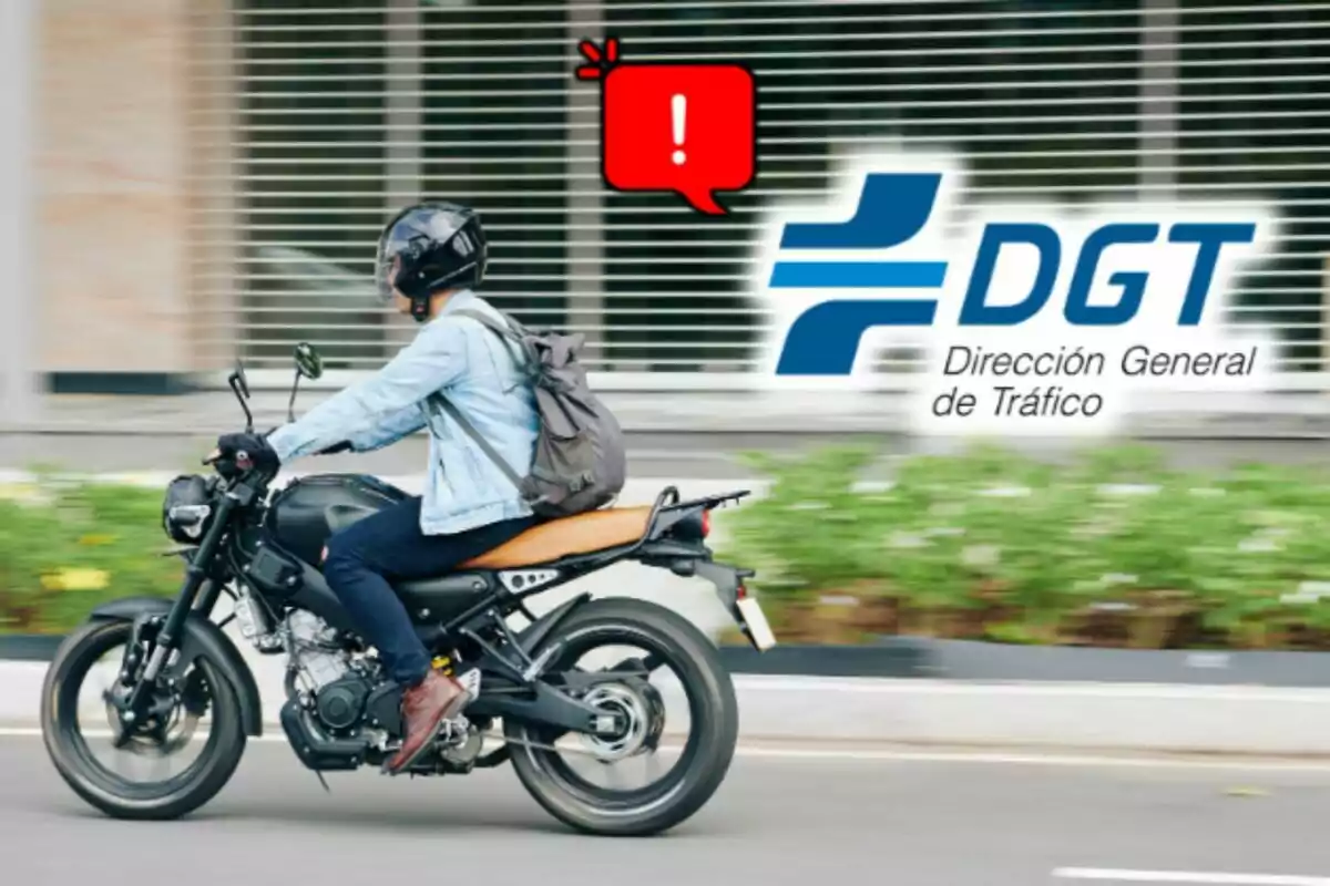 Persona conduciendo una motocicleta con casco y mochila junto al logotipo de la Dirección General de Tráfico y un icono de advertencia.