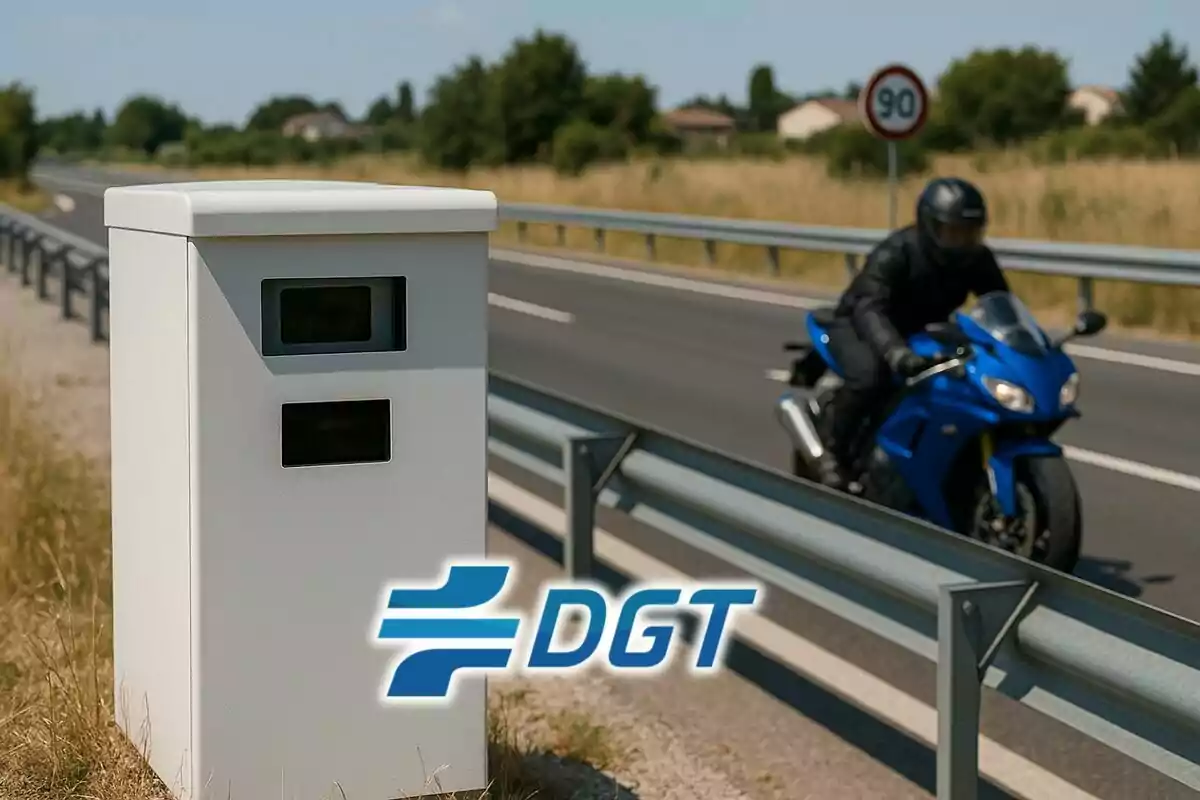 Radar de velocidad en carretera con una motocicleta azul pasando y el logo de la DGT en primer plano.