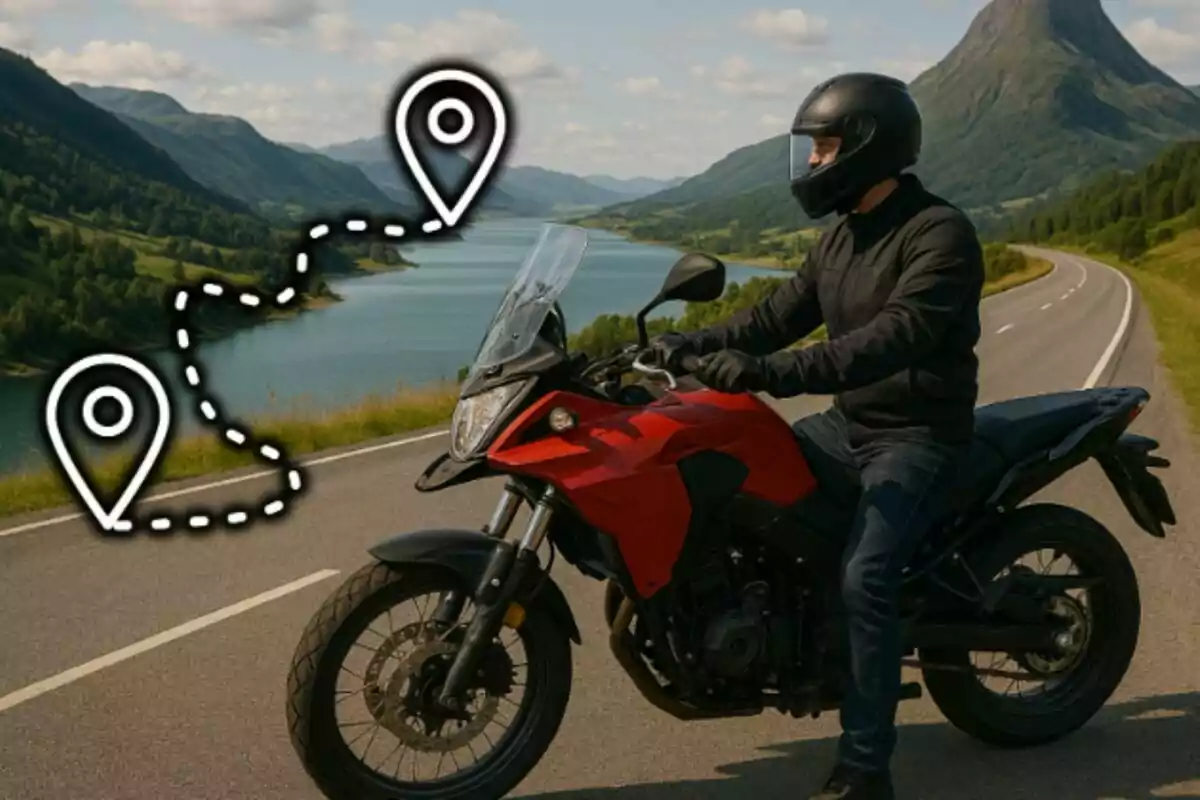 Persona con casco negro conduciendo una motocicleta roja en una carretera junto a un lago y montañas con iconos de ubicación y una ruta dibujada sobre la imagen.