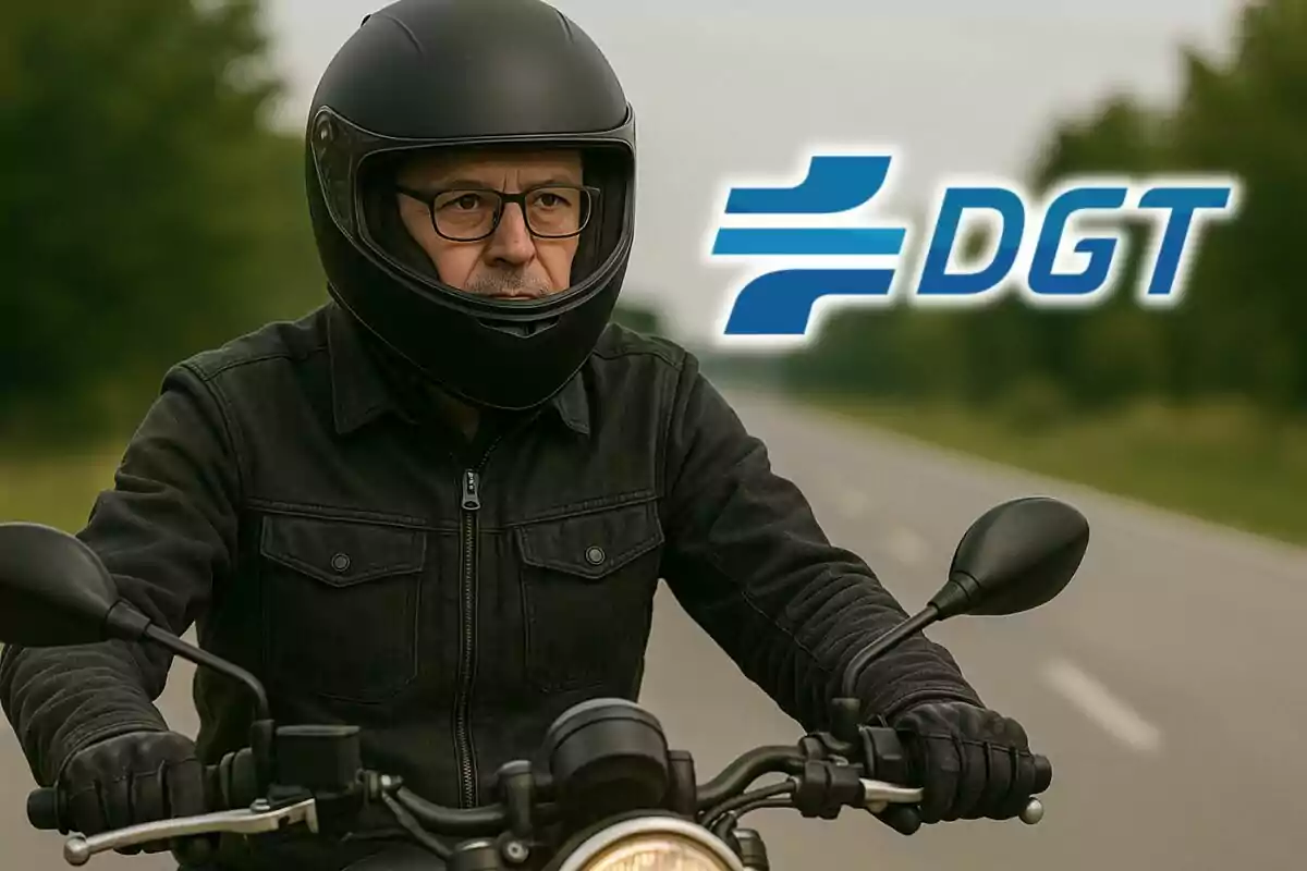 Hombre con casco y gafas conduciendo una motocicleta en carretera con el logo de la DGT al fondo. Hombre con casco y gafas conduciendo una motocicleta en carretera con el logo de la DGT al fondo.