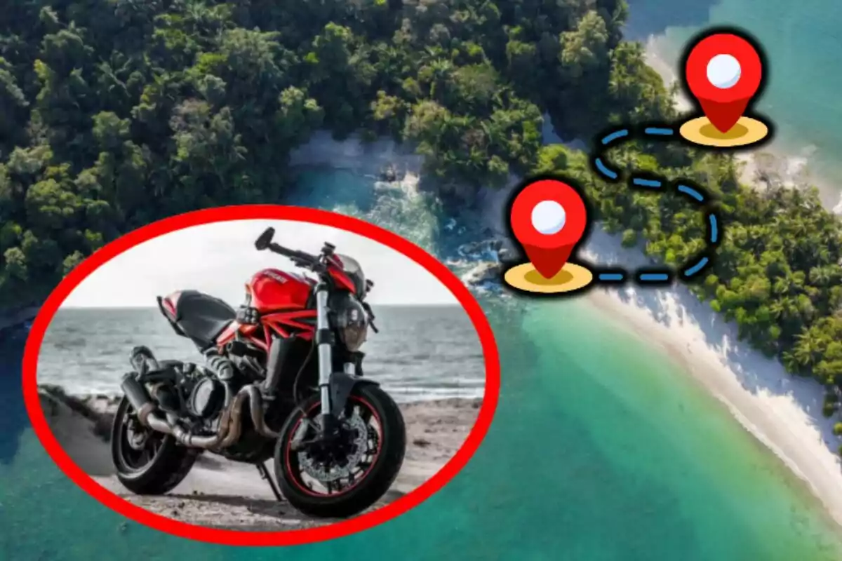 Motocicleta roja en la playa sobre un fondo de isla tropical con marcadores de ubicación y una ruta señalada.