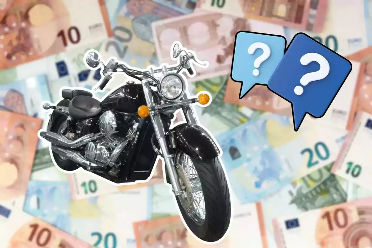 Motocicleta negra sobre billetes de euro con dos burbujas de diálogo que tienen signos de interrogación