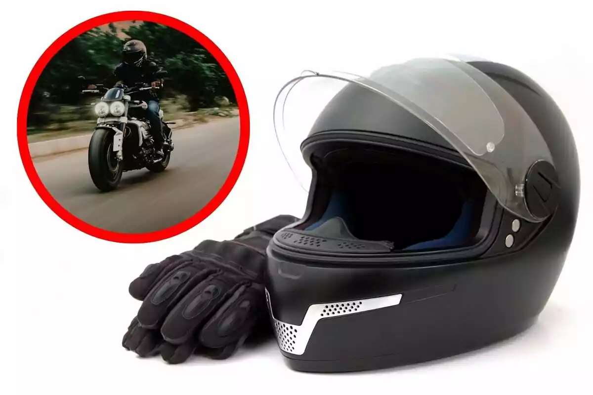 Guantes y casco de motociclista junto a una imagen circular de una persona conduciendo una motocicleta en movimiento.
