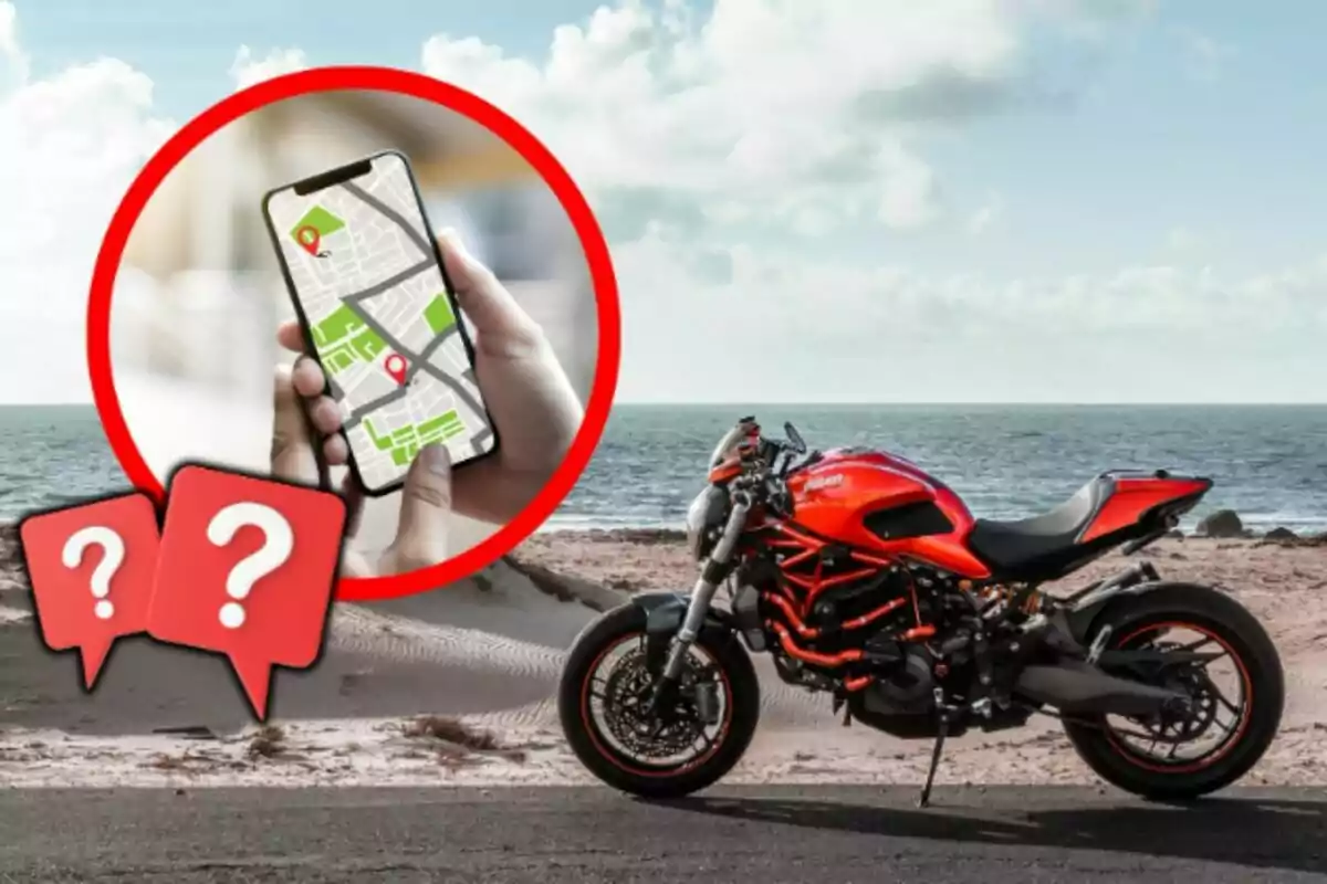 Motocicleta deportiva roja estacionada junto a la playa con un gráfico de un teléfono mostrando un mapa y dos íconos de signos de interrogación.