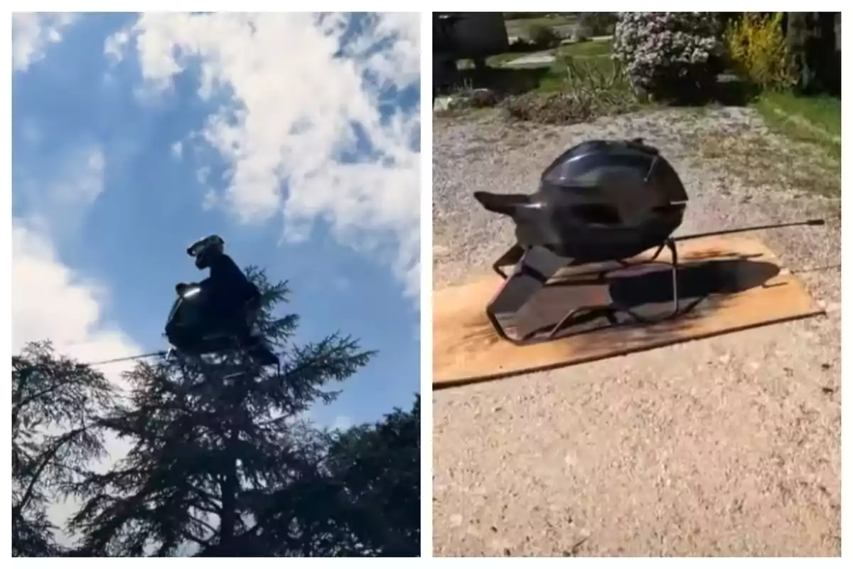 Persona montando una réplica de speeder bike de Star Wars en una tirolesa y la moto exhibida en el suelo. Persona montando una réplica de speeder bike de Star Wars en una tirolesa y la moto exhibida en el suelo.