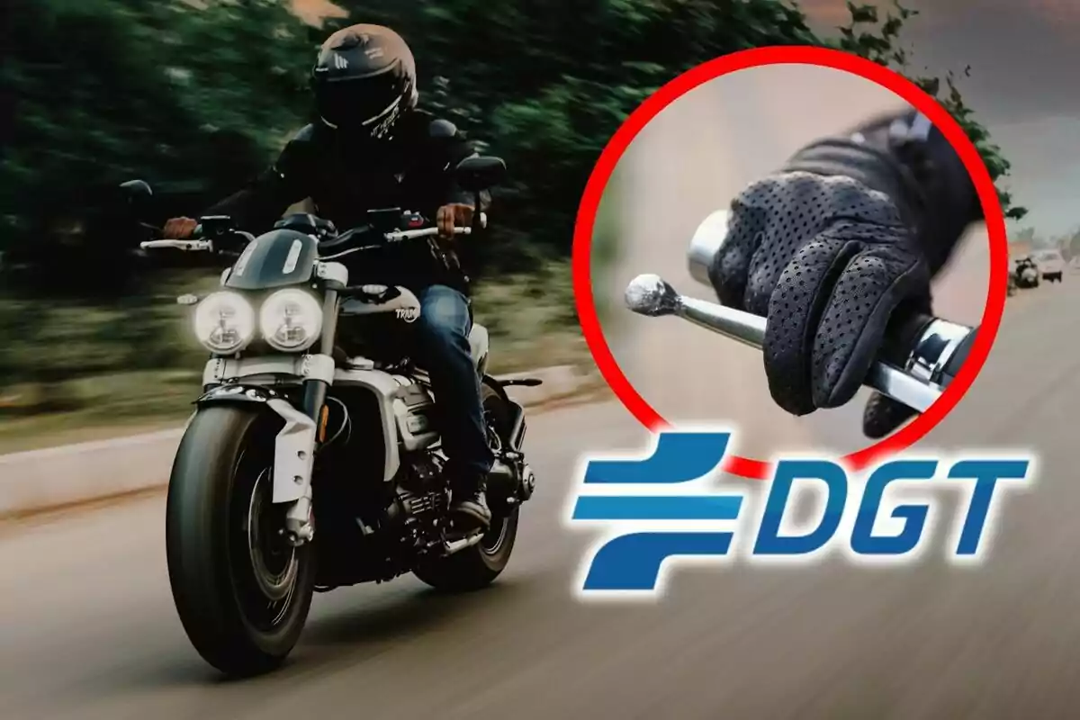 Motociclista conduciendo en carretera con un recuadro que muestra una mano con guante sujetando el freno y el logo de la DGT. Motociclista conduciendo en carretera con un recuadro que muestra una mano con guante sujetando el freno y el logo de la DGT.
