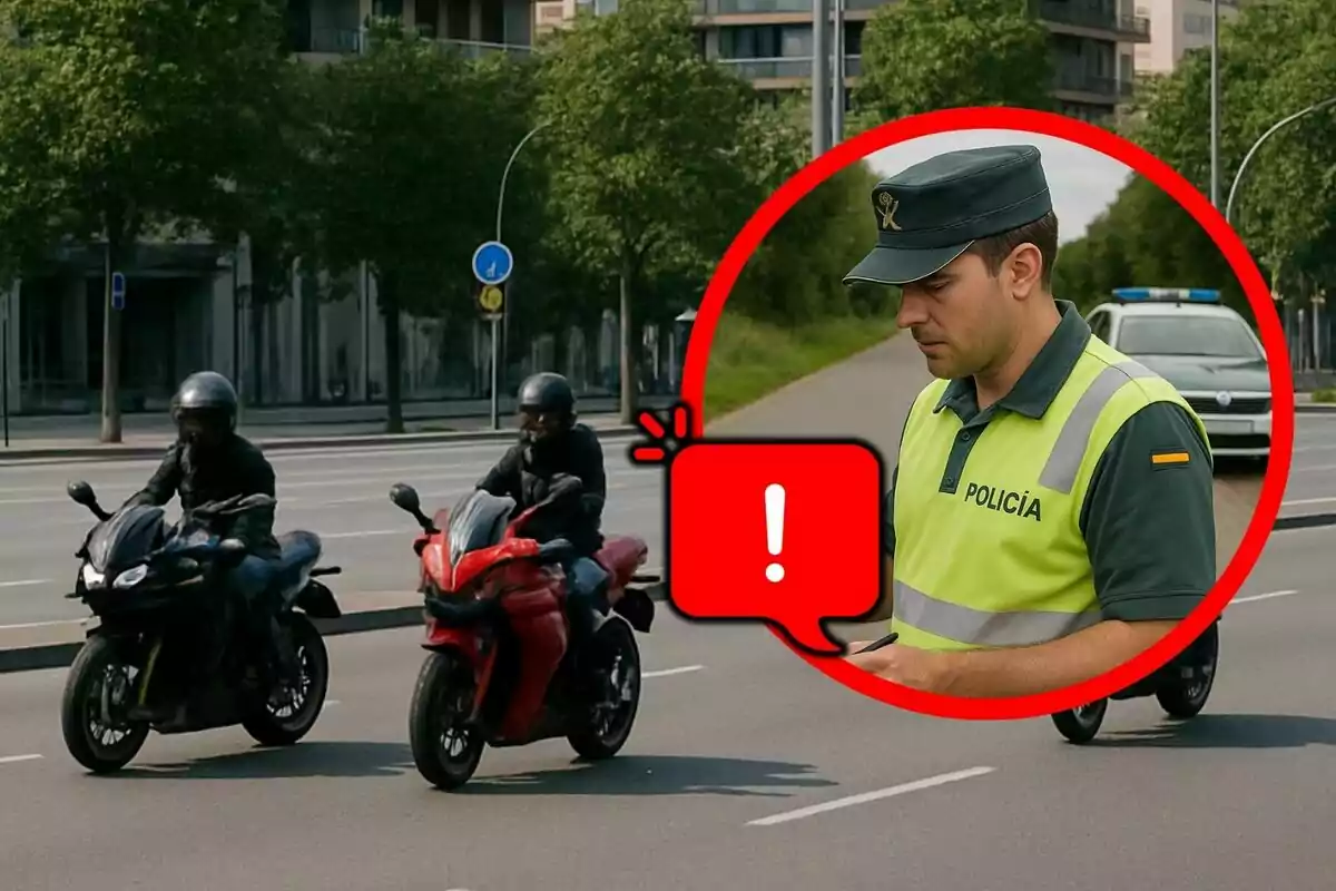 Dos motociclistas circulan por una avenida mientras un policía de tráfico aparece en un recuadro con un símbolo de advertencia.