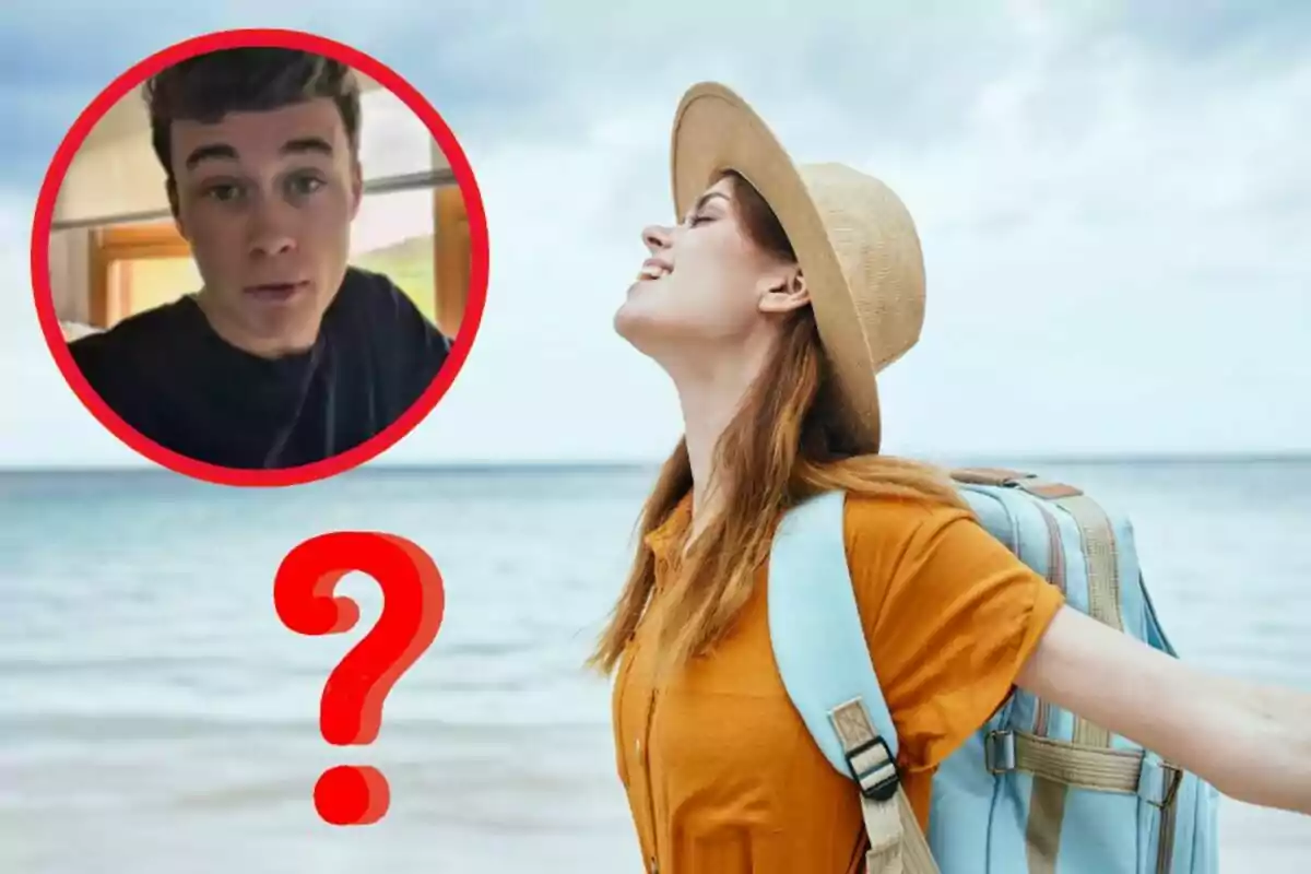 Mujer con sombrero y mochila disfrutando en la playa, con un círculo rojo que muestra el rostro de un joven y un signo de interrogación grande en el centro.