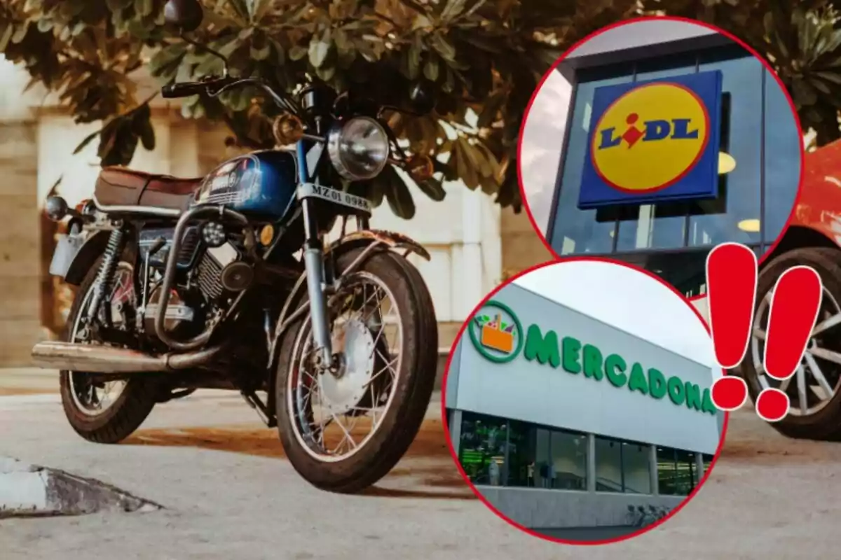 Motocicleta estacionada junto a un árbol con dos círculos superpuestos que muestran los letreros de los supermercados Lidl y Mercadona junto a signos de exclamación rojos