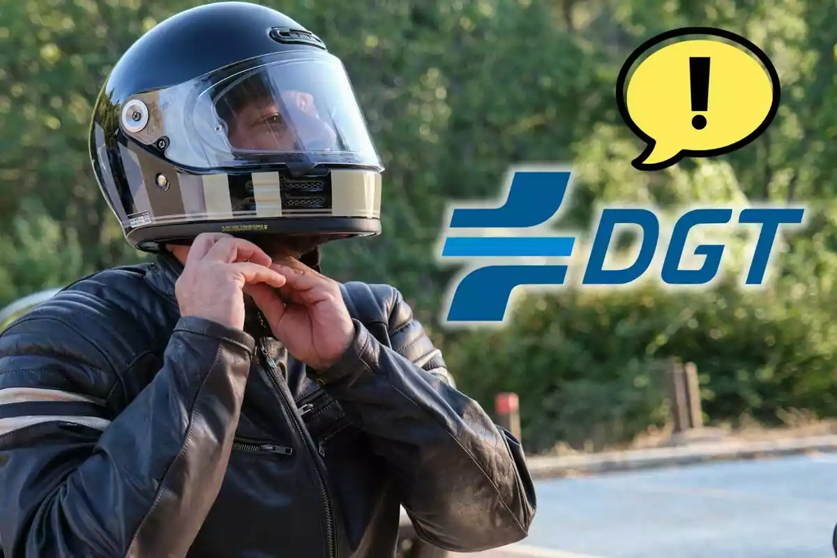 Persona con chaqueta de cuero y casco de moto abrochándose el casco junto al logo de la DGT y un bocadillo amarillo con un signo de exclamación